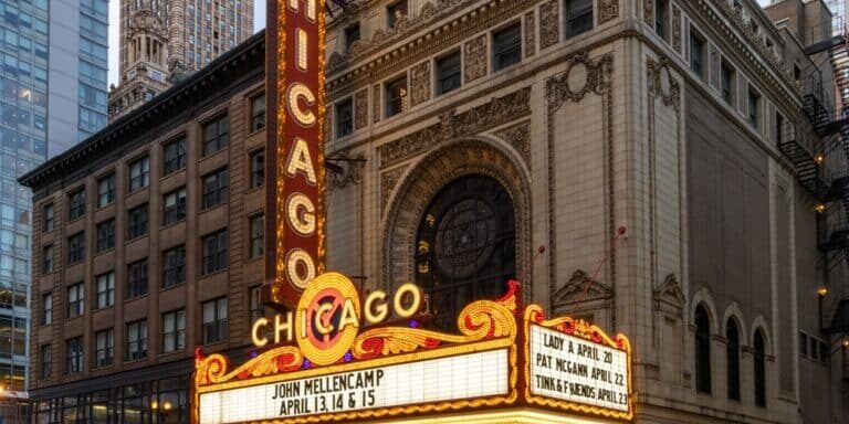 Chicago,Theatre,Lights,At,Dusk