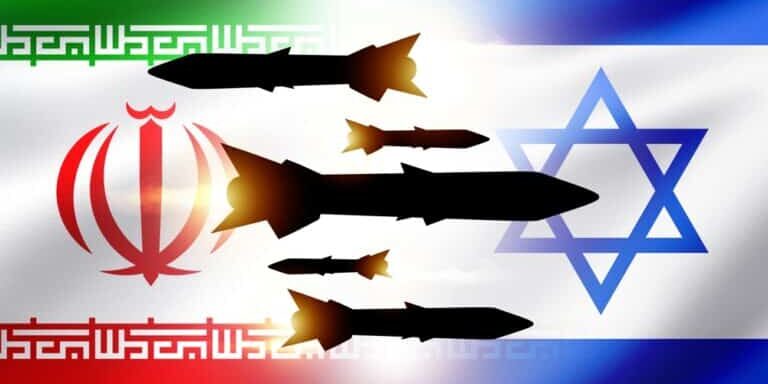 Rockets,Near,Flags.,Confrontation,Between,Israel,And,Iran.,Military,Conflict.