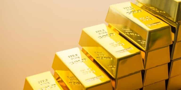 Close,Up,Stack,Gold,Bars,As,Rise,Up,Stairs,On