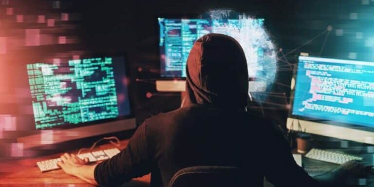 Rear,View,,Computer,And,Hacker,With,Code,,Programming,And,Internet