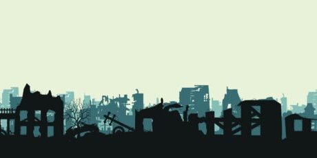 Silhouette,Of,A,Destroyed,City,Or,Village.,Disaster,After,War Silhouette,Of,A,Destroyed,City,Or,Village.,Disaster,After,War