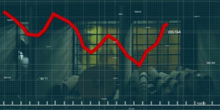 Red,Declining,Graph,Image,Over,Industrial,Factory,Background.,Economy,,Recession,