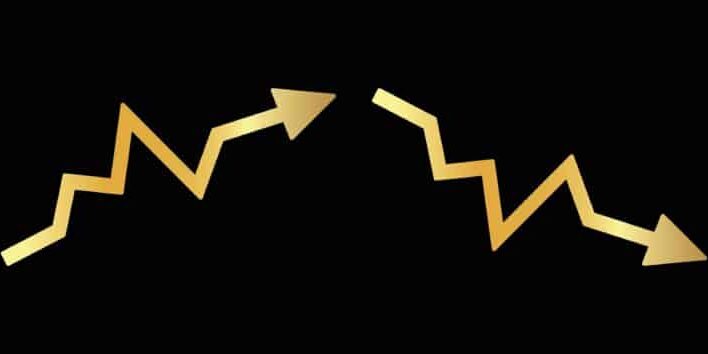 Graph,Going,Up,And,Down,Sign,With,Two,Golden,Arrows