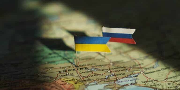 Ukrainian,And,Russian,Flag,On,Ukraine,Geopolitical,Map.,War,,Conflict,