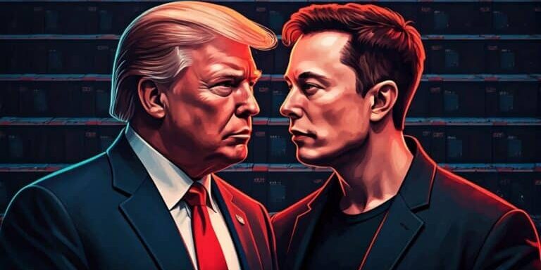 Portrait,Of,Donald,Trump,And,Elon,Musk,Facing,Each,Other