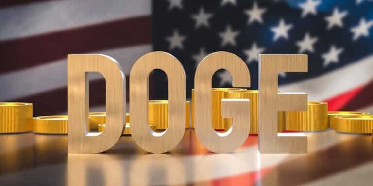 Doge,And,Coins,On,Usa,Flag,Background,3d,Rendering.