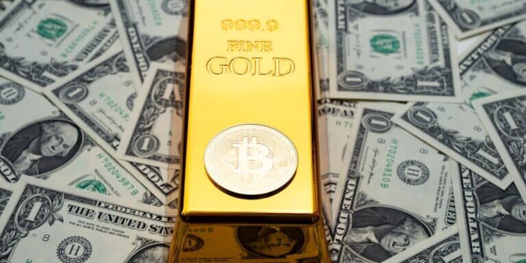 Money,Dollars,,Gold,Bar,,Bitcoin.,Saving,Finance,In,Gold,Bar,