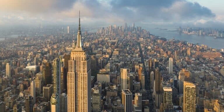 Aerial,Wide,Angle,Skyline,Panorama,Of,New,York,City,At