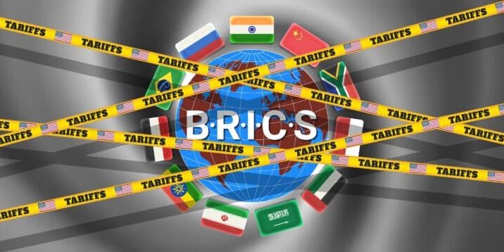 Vector,Flags,,Planet,Earth,And,Brics,Inscription.,Tariff,Warning,Yellow Trump aggressive trade policy