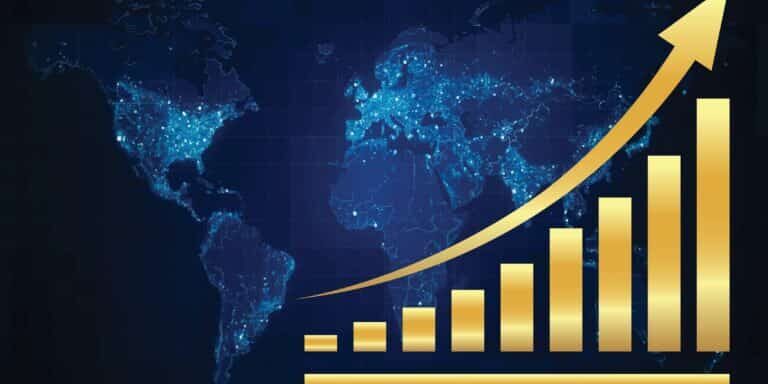 Golden,Shiny,Arrow,Going,Up,On,A,Blue,World,Map.