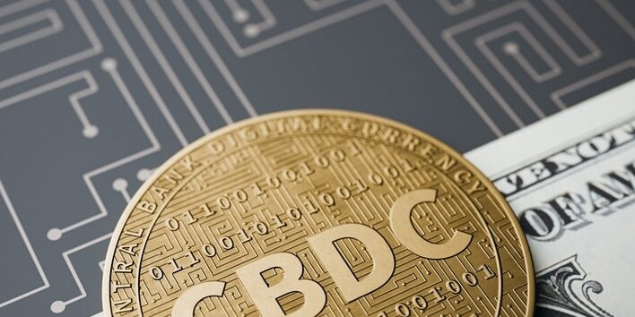 Cbdc,Coin,On,Dollar,Bill,And,Digital,Circuit.,3d,Rendering