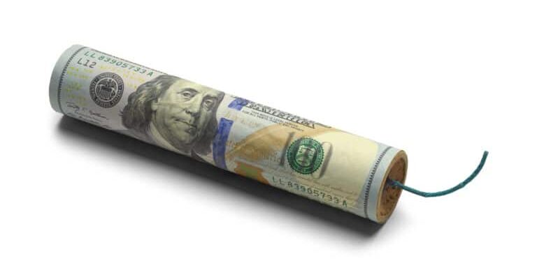Hundred,Dollar,Bill,Bomb,With,Fuse,Isolated,On,White,Background.