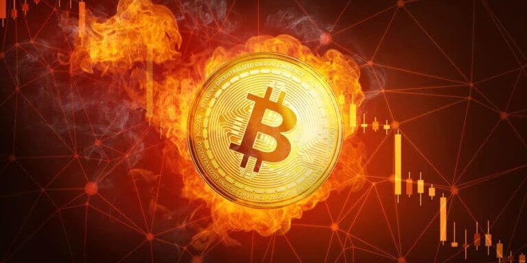 Golden,Bitcoin,Coin,In,Fire,Flame,Is,Falling.,Burning,Crypto